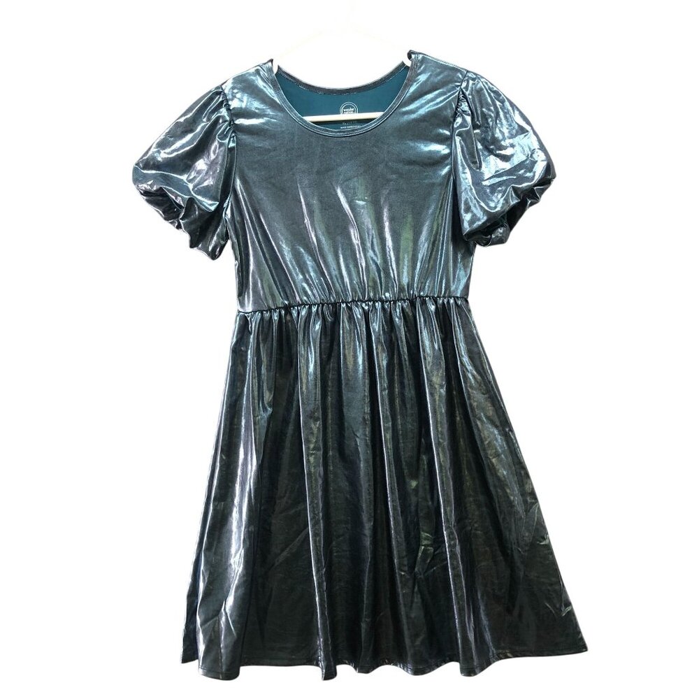 Wonder Nation Girls XL (14-16) Metallic Party Dress Teal Puff Sleeve Midi